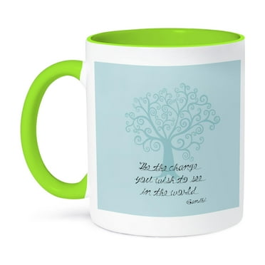 3dRose, Be the Change You Wish to See Tree Gandhi quote, 15oz Two-Tone Green Mug