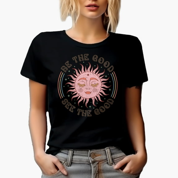 Be the Good, See the Good, Sun & Boho Art, Black T-Shirt, Small