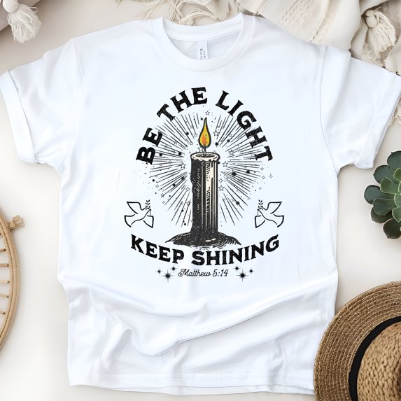 Be the Light Shirt – Matthew 5:14 Candle Graphic Christian T-Shirt, White, Size 2XL