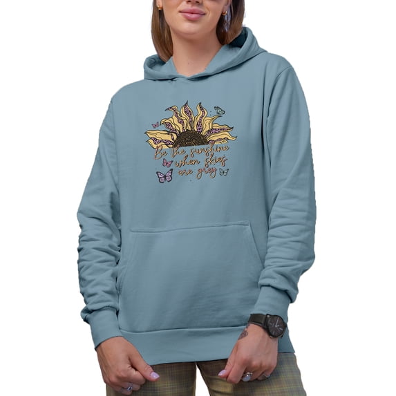 Be the Sunshine When Skies Are Grey with Retro Sunflower & Butterflies Art Merch Gift, Light Blue Hooded Sweatshirt or Hoodie, Medium