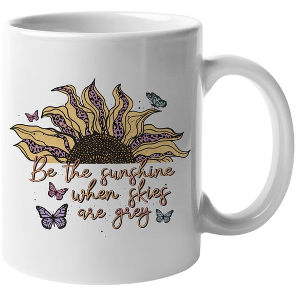 Be the Sunshine When Skies Are Grey with Retro Sunflower & Butterflies Art Merch Gift, White 11oz Ceramic Mug