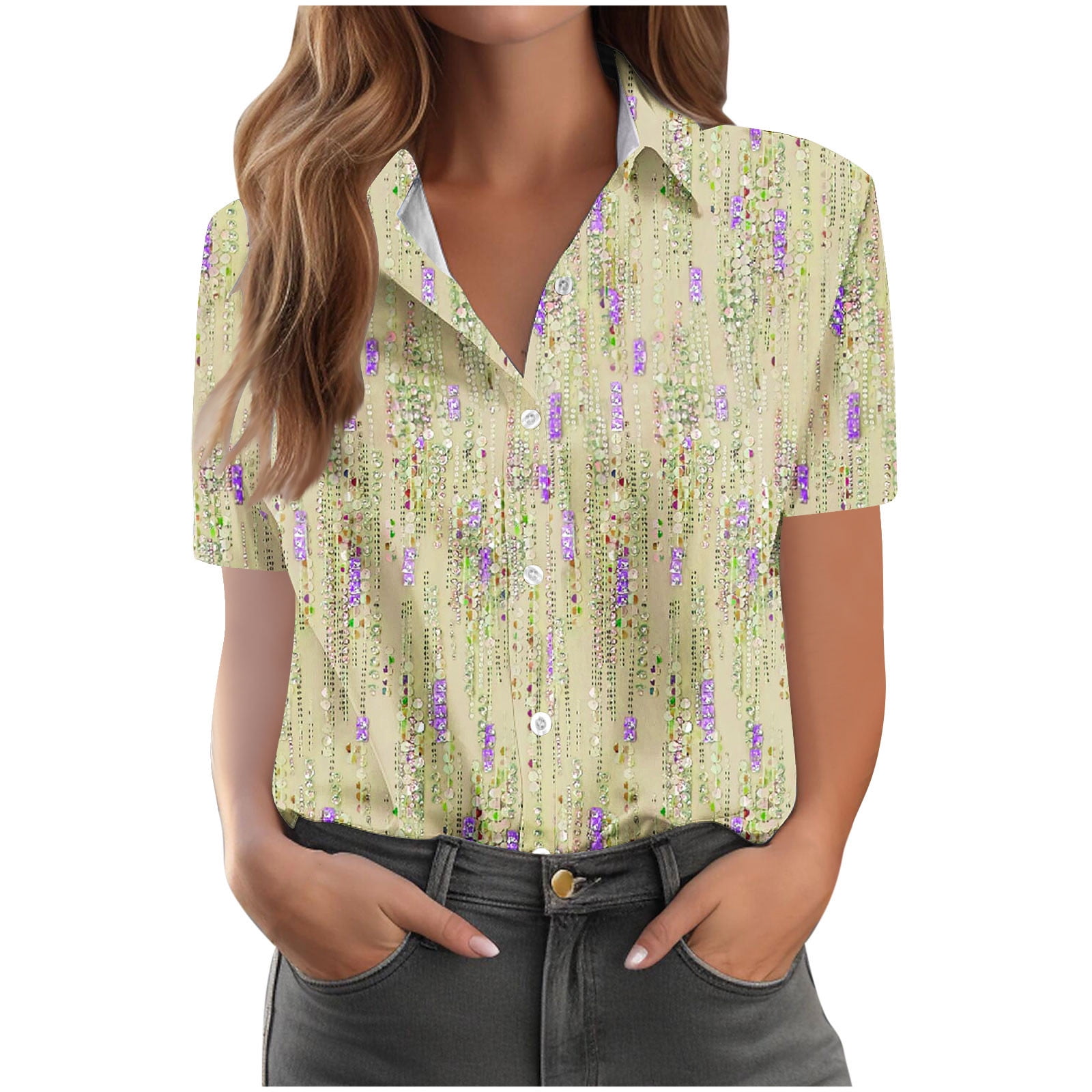 OFEEFAN Plus Size Women's Leaf Print Peplum Top - Short Sleeve V-Neck Loose Fit Tunic For Summer