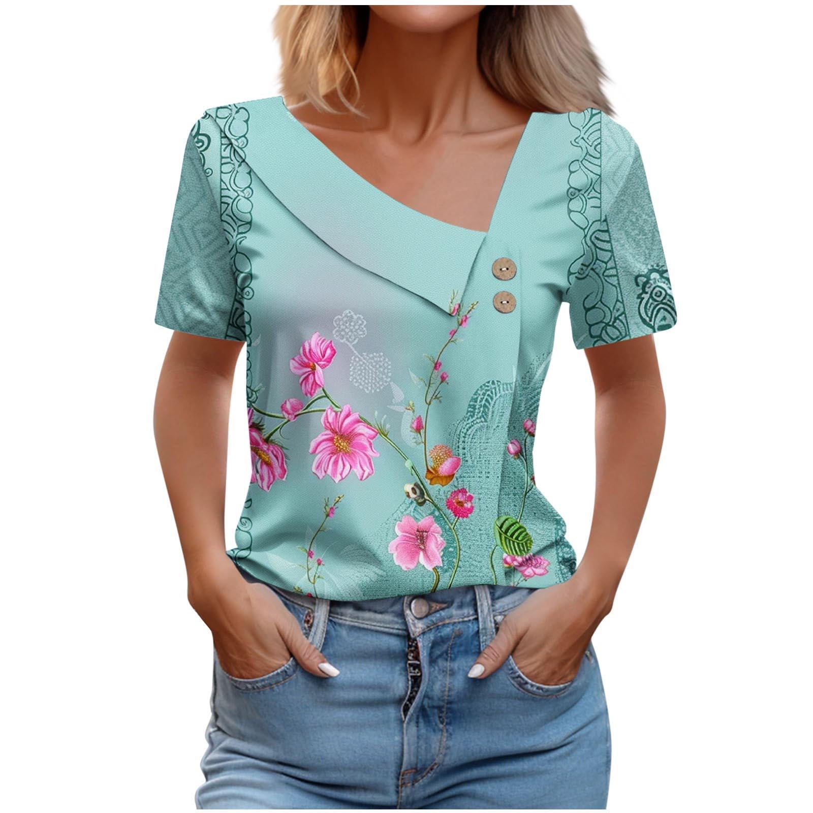 Summer Shirts For Women 2025 Plus Size - Short Sleeve Marble Floral Henley Top, Loose Tunic Tee In White 4X-Large - View #5