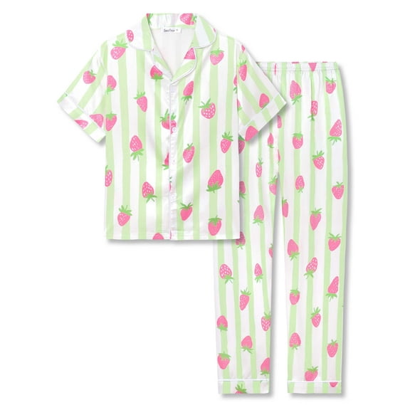 Beezizac Little & Big Girls Pajamas Green Stripe & Strawberry Comfy Satin Silky Short Sleeves & Pants Set Kid Size 10