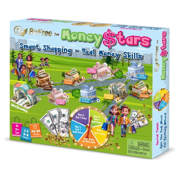 BeFree for MoneyStars Kids Shopping Board Game | Learn Real Money Skills with Bills, Coins & Store Deals