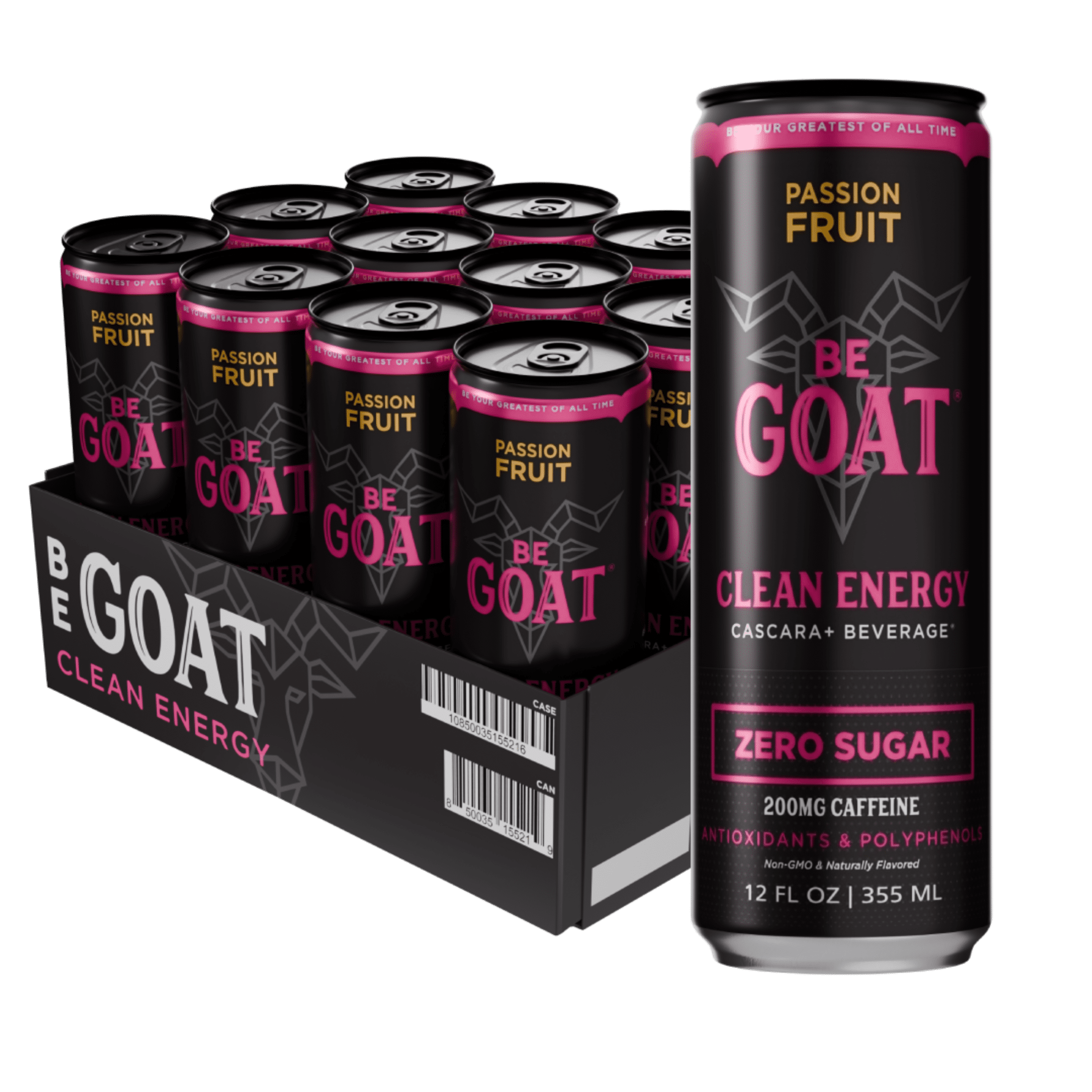 BeGOAT Passion Fruit Zero Sugar Clean Energy Drink, 12 oz can (12 Pack)