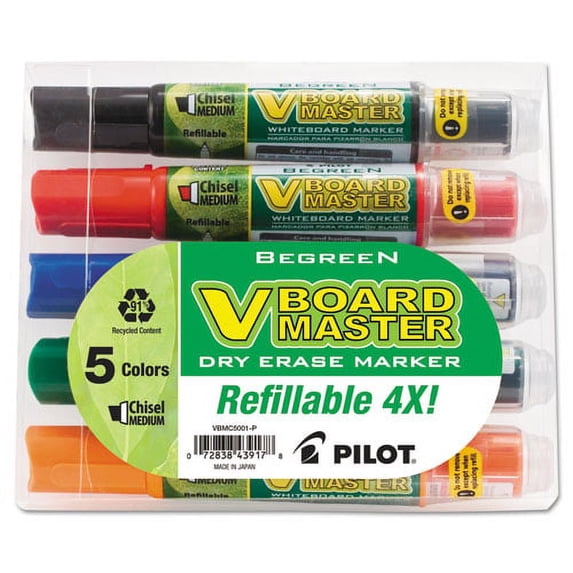BeGreen V Board Master Dry Erase Marker, Medium Chisel Tip, Assorted Colors, 5/Pack | Bundle of 2 Packs