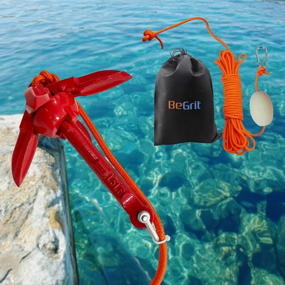 BeGrit Kayak Anchor 1.5 lb Buoy Kit Folding Grapnel Anchor Carbon Steel for Canoe (Red)
