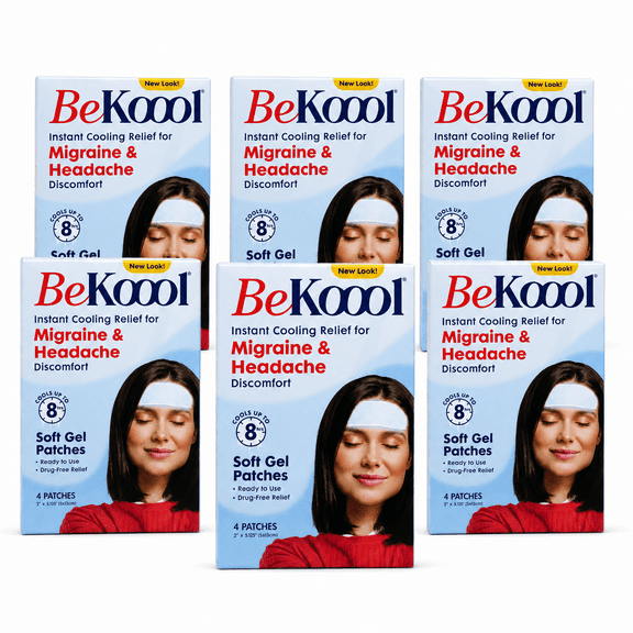 BeKoool Adult Migraine and Headache Cooling Gel Sheets, 4 Count, Drug-Free Peel-and-Stick Forehead Patches, Up to 8 Hours Cooling Relief, No Refrigeration Required 6 Pack