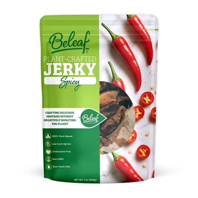 Beleaf Spicy Plant-Based Jerky | Delicious Meat Substitute | Low Carb, Non-GMO, Dairy Free, Plant Protein | Natural Ingredients | Spicy Healthy Snack 7oz