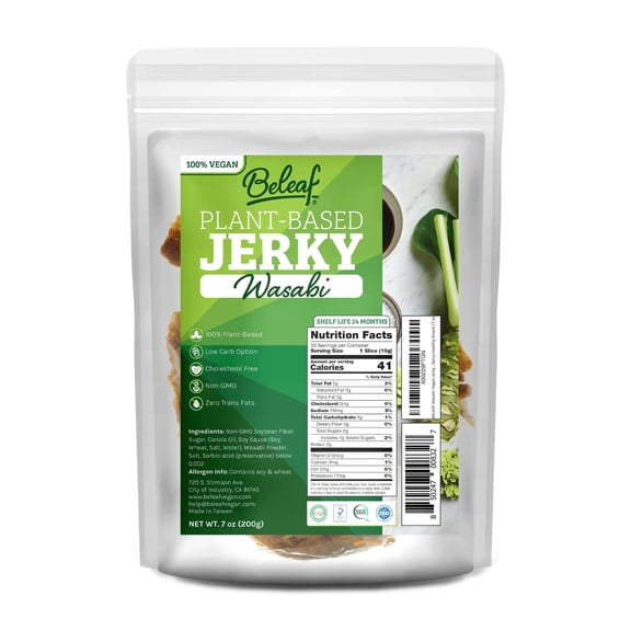 Beleaf Wasabi Vegan Jerky, High Protein Plant-Based Snack, Non-GMO Dairy-Free Meatless Jerky, 7 oz