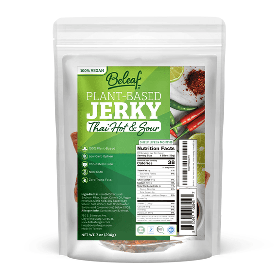 BeLeaf Thai Hot & Sour Vegan Jerky, Plant-Based Protein Snack, Non-GMO, 7 oz