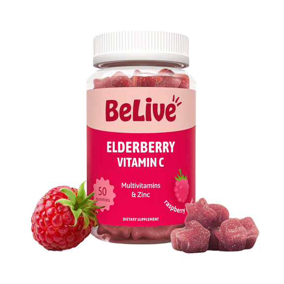 BeLive Elderberry Gummies with Vitamin C – Double Strength Elderberry with Immune Boosting Vitamin D, B-Complex, and Zinc - Raspberry Flavor (50 count)