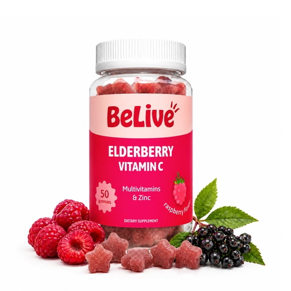 BeLive Elderberry Gummies with Vitamin C, D3 and Zinc - Multivitamin Supplement for Immune Health Support for Kids & Adults - 50 Count - Raspberry Flavor