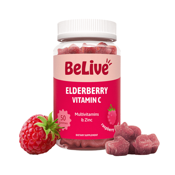 BeLive Elderberry Gummies with Vitamin C, D3 and Zinc - Multivitamin Supplement for Immune Health Support for Kids & Adults - 50 Count - Raspberry Flavor