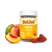 BeLive Omega 3 Gummies with Omegas 6, 7, 9. Sugar-Free, Supports Brain, Heart, Eye & Immune System, For Adults & Kids, Peach Flavored