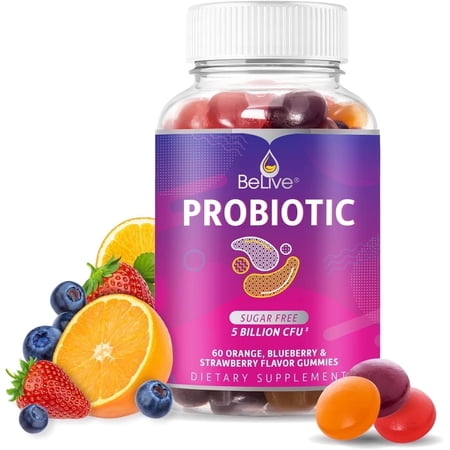 BeLive Probiotic Gummies - Gut Health, Immune and Digestive Support with 5 Billion CFUs - Sugar Free For Women, Men and Kids - Blueberry, Strawberry & Orange - 60 Count
