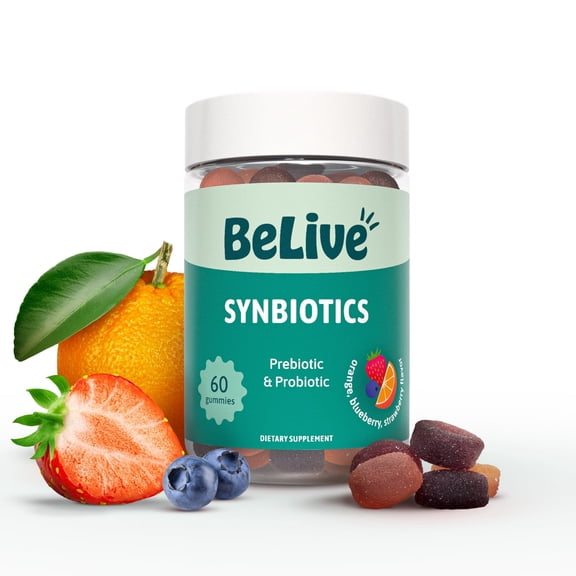 BeLive Synbiotics - Probiotic & Prebiotic Fiber Gummies Supplement – High Strength Inulin (3g), Digestive Support for Kids & Adults - Strawberry, Orange, Blueberry Flavor (60Ct)