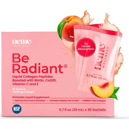 BeMe Liquid Collagen for Women, 2x Faster Absorption & High Bioavailability, boosted with Biotin, CoQ10, & Vitamin C - Peach 30 Sachets