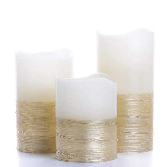 BeMoment Flickering Flameless Candles with Timer - Battery Operated, White LED String Lights, Gold Accent, Ideal for Home Decor, Fireplace, and Events, 3pcs (D 3" x H 4" 5" 6") Y101