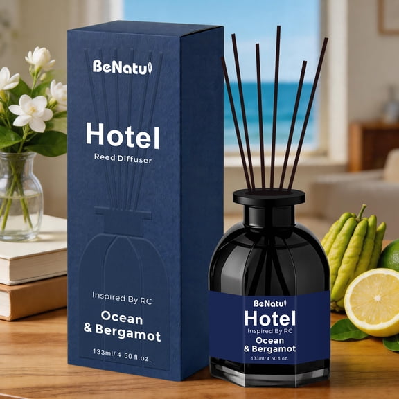 BeNatu Hotel Ocean & Bergamot Scented Reed Diffuser, 4.5 fl oz (133ml), Home Fragrance Set with Natural Rattan Sticks