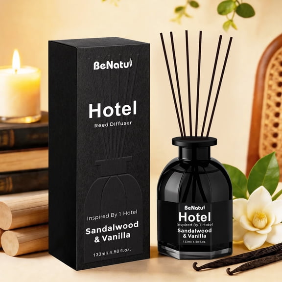 BeNatu Hotel Sandalwood & Vanilla Scented Reed Diffuser, 4 fl oz (120ml), Home Fragrance Set with Natural Rattan Sticks