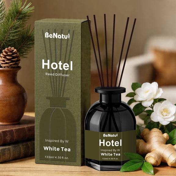 BeNatu Hotel White Tea Scented Reed Diffuser, 4 fl oz (120ml), Home Fragrance Set with Natural Rattan Sticks