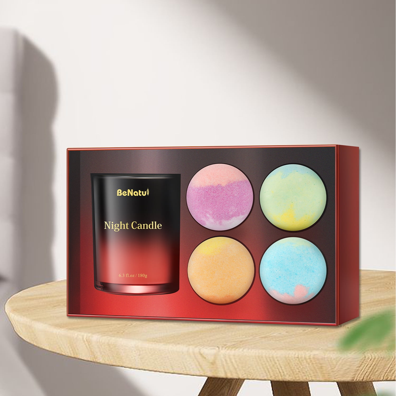 BeNatu Tranquil Spa Retreat Aromatherapy Bath Bombs Gift Set with 4 Bath Bombs & Candle, Lavender, Peppermint, Juniper, Grapefruit, 4 Count, Soothing Aroma, Create A Peaceful Atmosphere, Relax