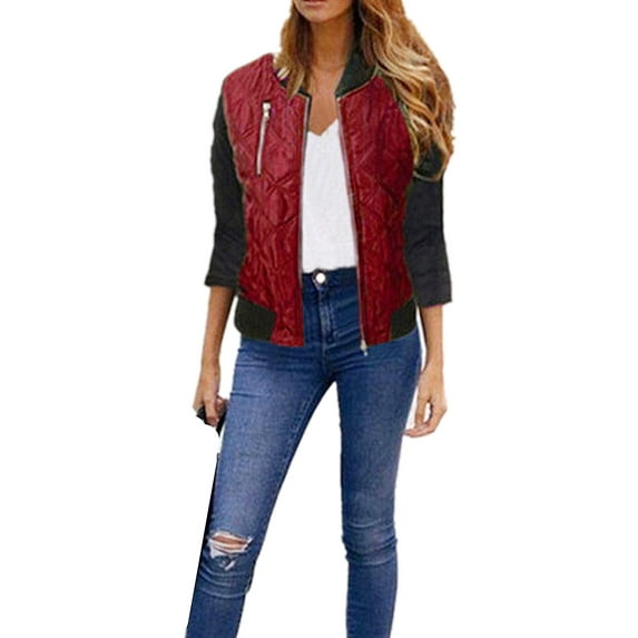 BeQeuewll Bomber Jacket for Lady Zipper Up Autumn Retro Patchwork Coat