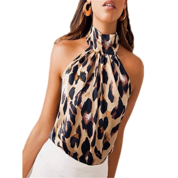 BeQeuewll Leopard Print Ladies Off-Shoulder Vest Casual O-Neck T-Shirt Top