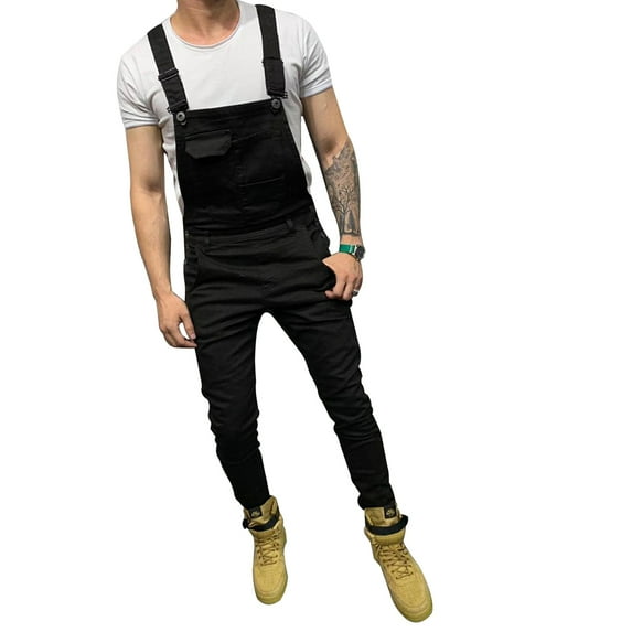 BeQeuewll Men Denim Bib Overalls Jumpsuits Moto Biker Jeans Pants Trousers