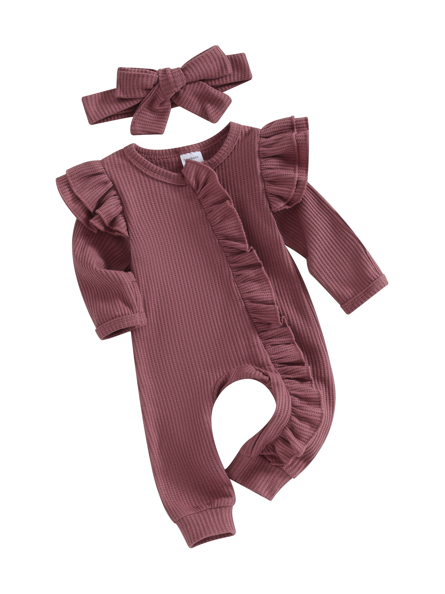 BeQeuewll Newborn Baby Girl Solid Romper Clothes Long Sleeve Frill