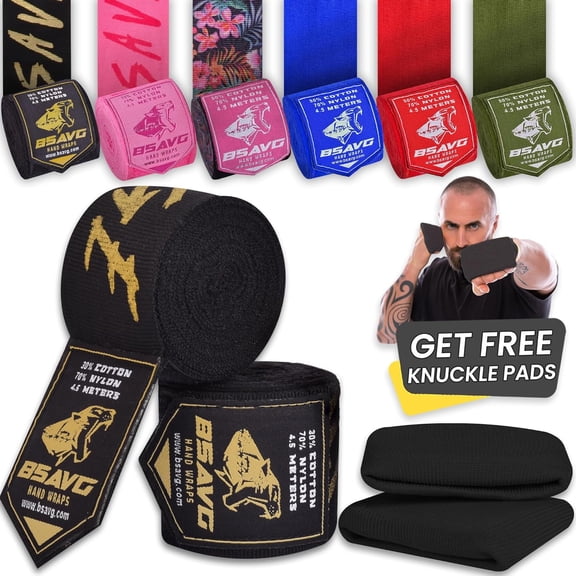 BeSAVAGE Elastic Boxing Hand Wraps with Knuckle Guards, 180 in, Black, 1 Pair, for MMA, Muay Thai, Kickboxing & Martial Arts