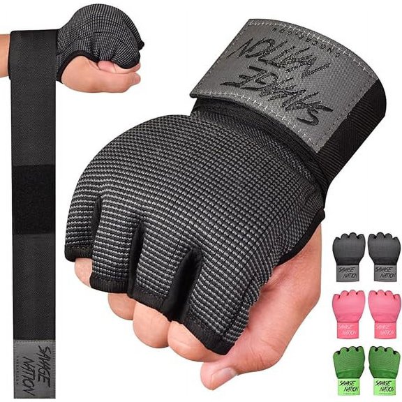 BeSAVAGE Boxing Hand Wraps Gel Padded Inner Gloves with Wrist Wraps for MMA, Muay Thai, Kickboxing, Training Black(L/XL)