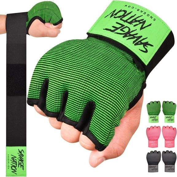 BeSAVAGE Boxing Hand Wraps Gel Padded Inner Gloves with Wrist Wraps for MMA, Muay Thai, Kickboxing, Training Green(S/M)