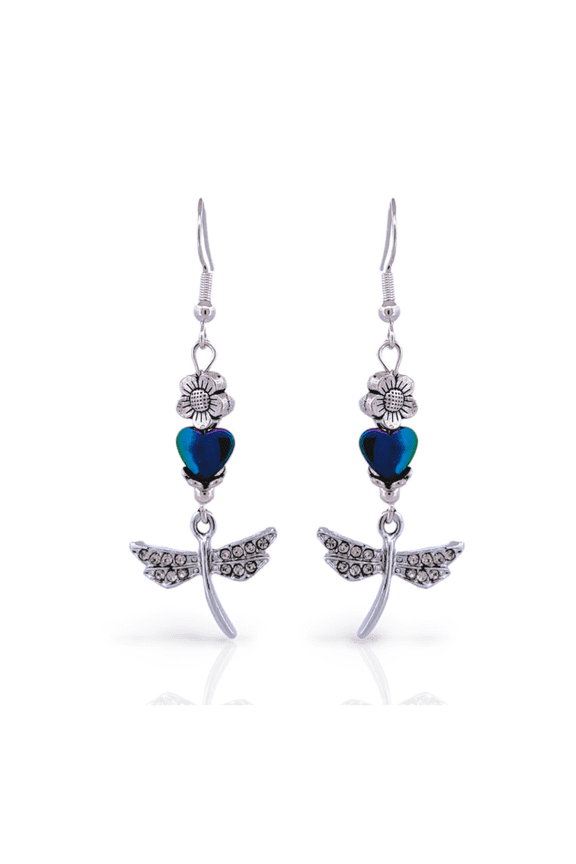 Sterling Silver Rainbow Hematite Heart and Rhinestone Dragonfly Leverback Dangle Earrings