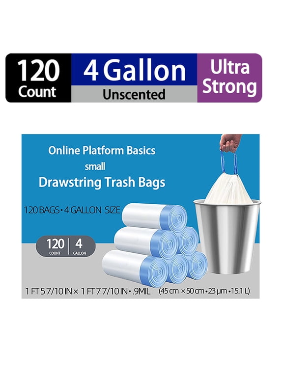 4 Gallon Small Drawstring Trash Bags,Unscented,Ultra Strong,White,120 Count
