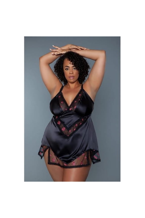 BeWicked 2246P-BLK-3X Katherine Luxe v-Neck Mini-Length Babydoll, Black - 3X