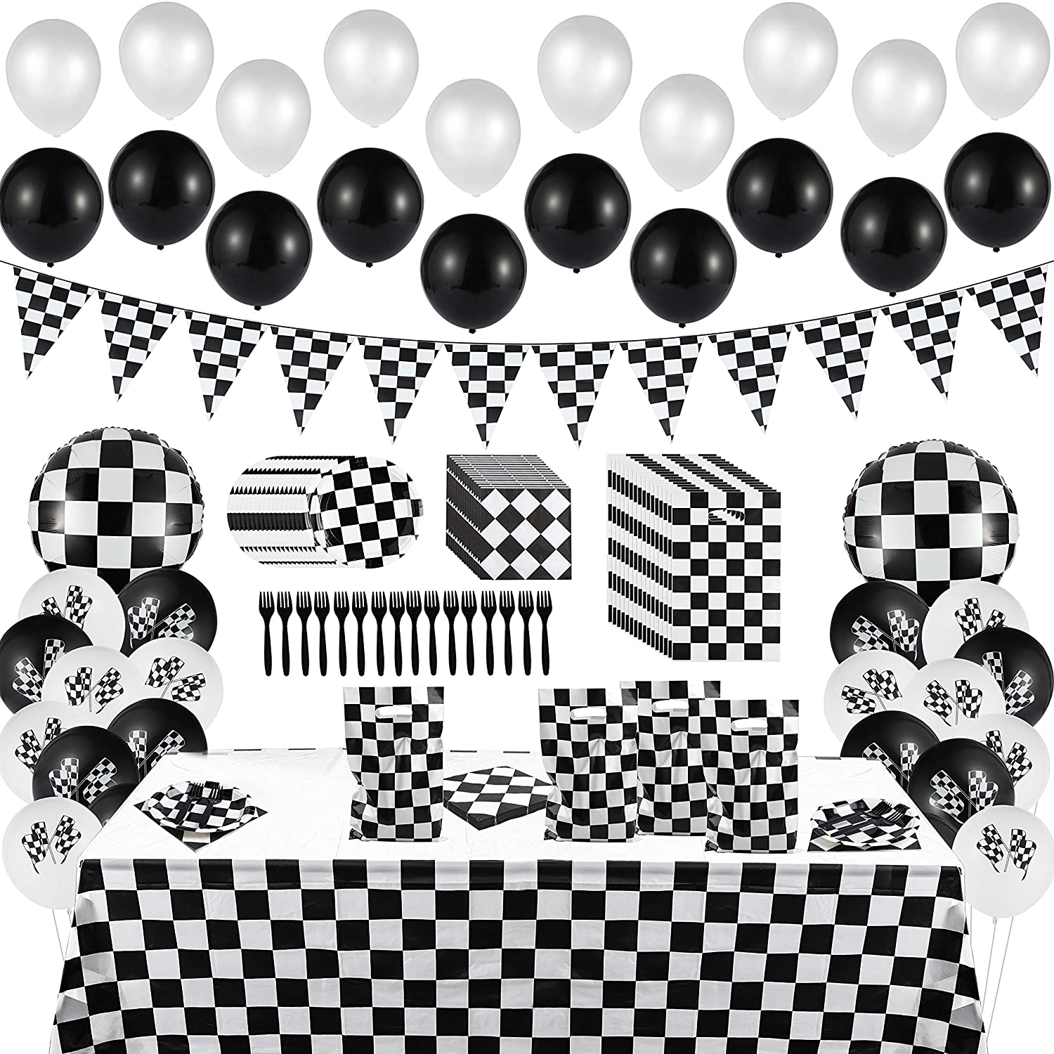 BeYumi 127Pack Race Car Checkered Party Supplies Decoration Kit