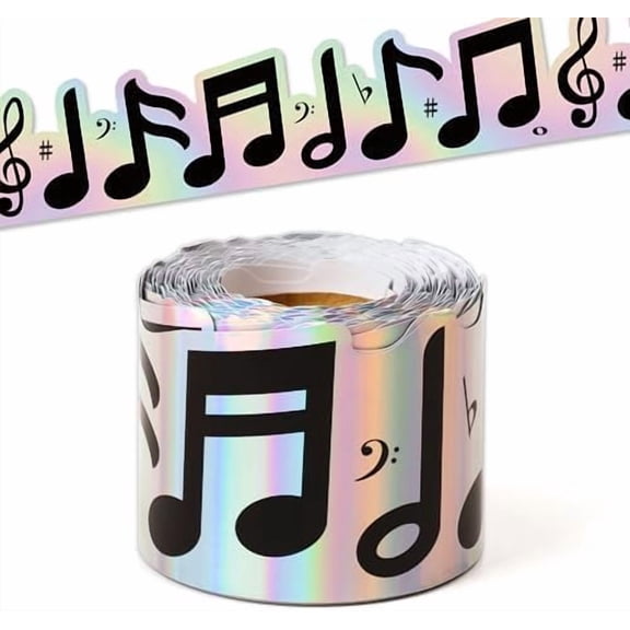 YNGLLC Music Notes Border Trim - 65ft Back to School Musical Notes Holographic Straight Rolled Border Trim Iridescent Music Themed Bulletin Board Set Classroom Office Chalkboard Door Party Decoration