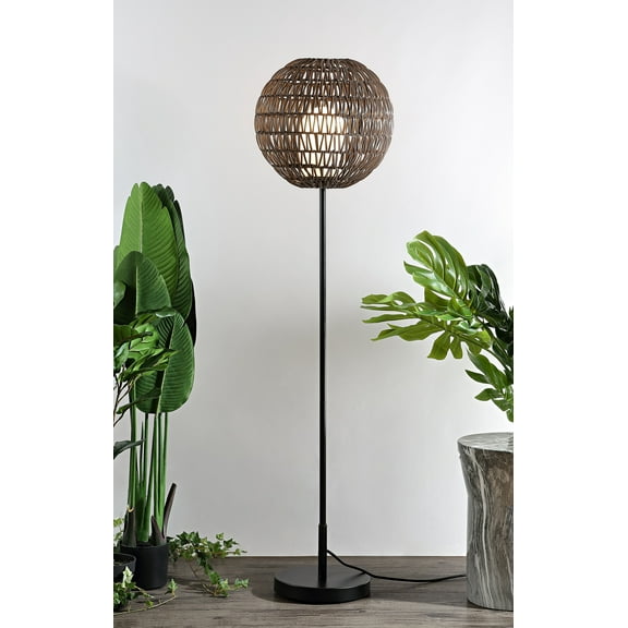 JONATHAN Y Bea 61" Outdoor Woven Globe LED Floor Lamp, Coffee/Black, JYL6507A