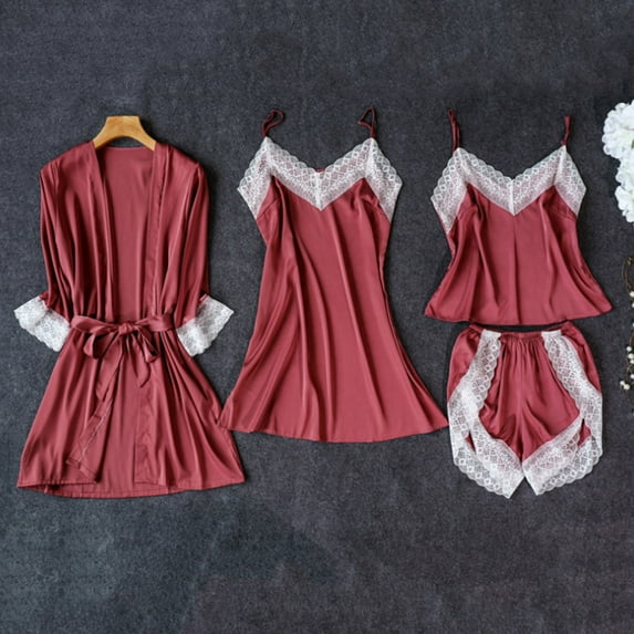 BeaUTT Pajamas for Women Pants Set Women's Satins Silk Nightwear Lace Tank Tops Shorts Robe Dress Four-Piece Pajamas Sets Red S