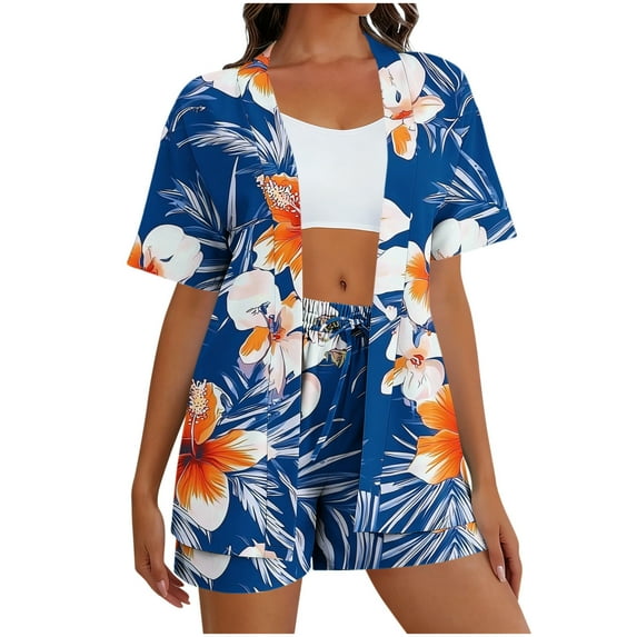 Beach 2 Piece Outfits for Women Fashion Women's Floral Printed Casual Round Neck Short Sleeve Top T-Shirt Cardigans for Women Short Sleeve and Shorts Set