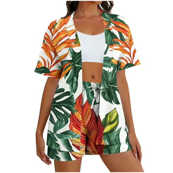 Beach 2 Piece Outfits for Women Fashion Women's Hawaiian Style Print Casual Round Neck Short Sleeve Top Floral Print T-Shirt Open Front Cardigans for Women Short Sleeve and Shorts Set