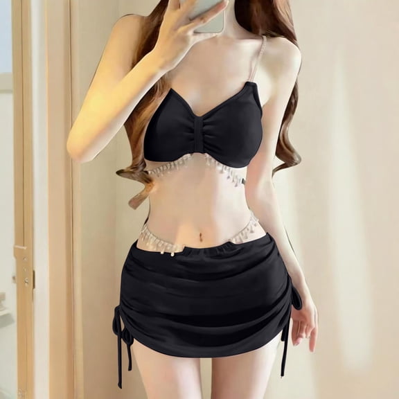 Beach 2 Piece Sets New Ladies' Casual and Fashionable Solid Color Bikini Lace up Swimsuit Set Style B-98 Black S