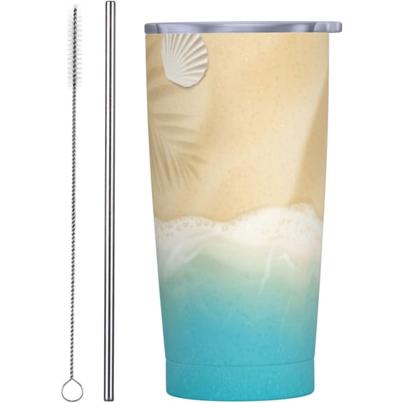 Beach 20oz Tumbler with Lid and Straw for Women Men, Ocean Shell Beach Insulated Tumblers Seashells on Sand Stainless Steel Tumbler Double Wall Vacuum Travel Mug Coffee Cup