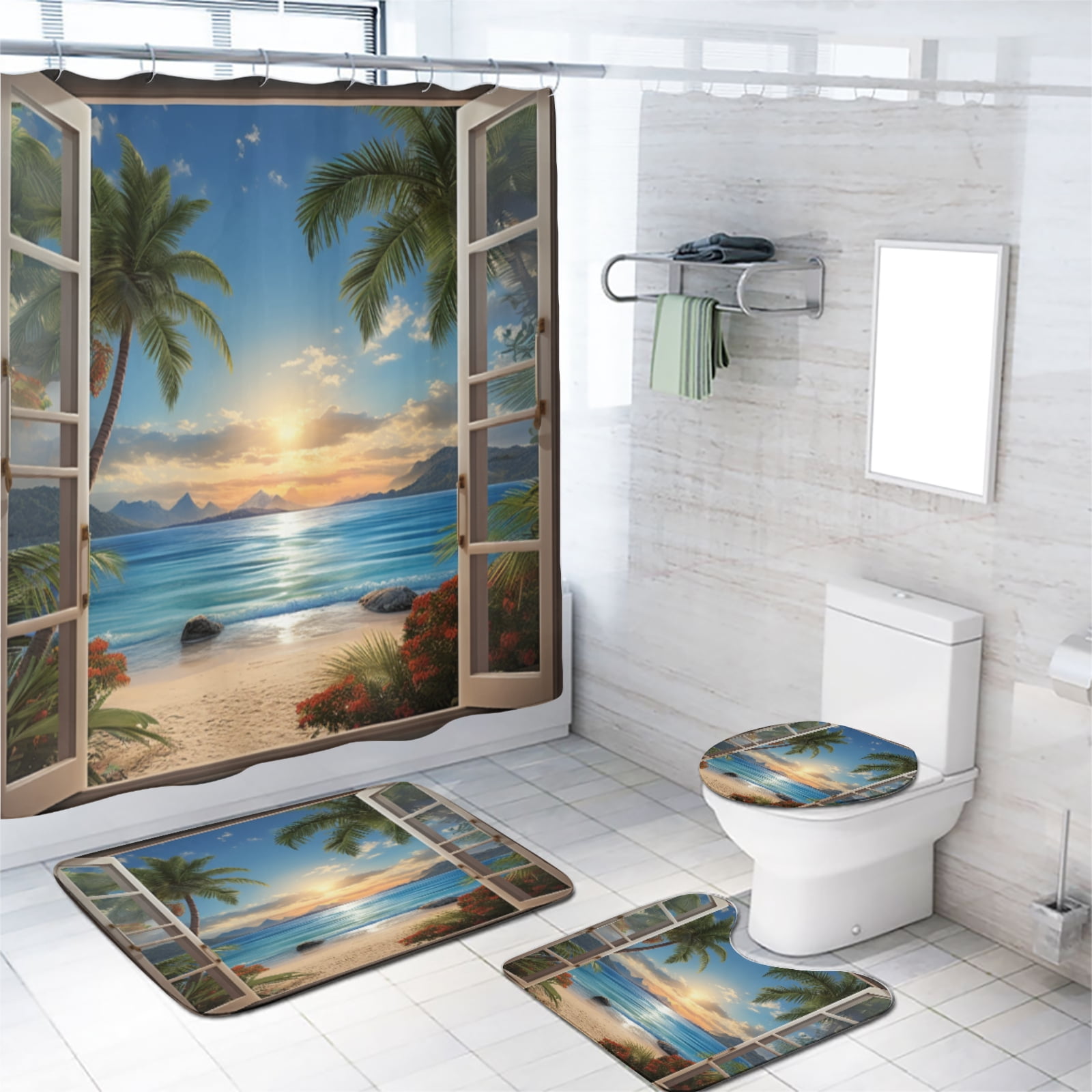 Beach 4 Piece Shower Curtain Sets Palm Trees Tropical Island Seaside White Wooden Window View Bathroom Sets Decor Accessories with Non-Slip Rug Toilet Lid Cover Bath Mat and 12 Hooks, 72x72 Inch