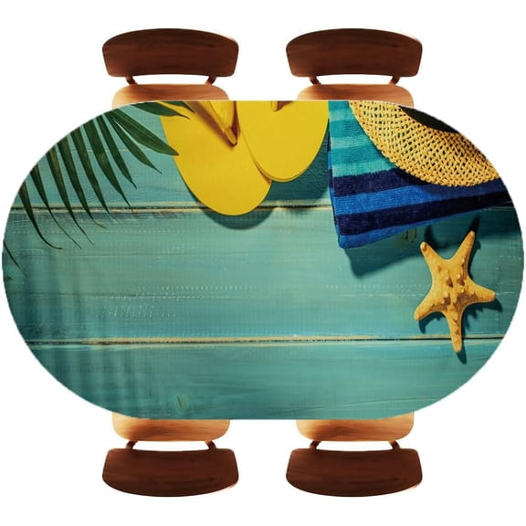 Beach Accessories on Wooden Textured Board Oval Elastic Fitted Tablecloth, Decorative Tabletop for Kitchen Dinner Holiday Family Use, Fits 48"x68" Oval Tables, Style10