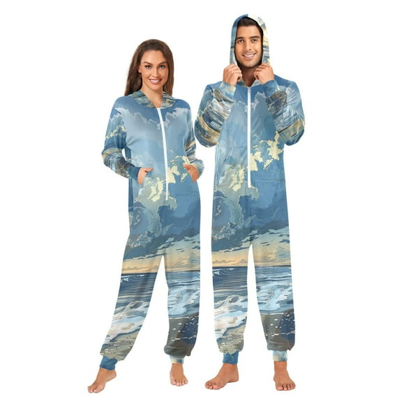 Beach Adult Onesie Pajamas Slim Fit Christmas One Piece Suit Pjs for Women and Men Hooded Zipper