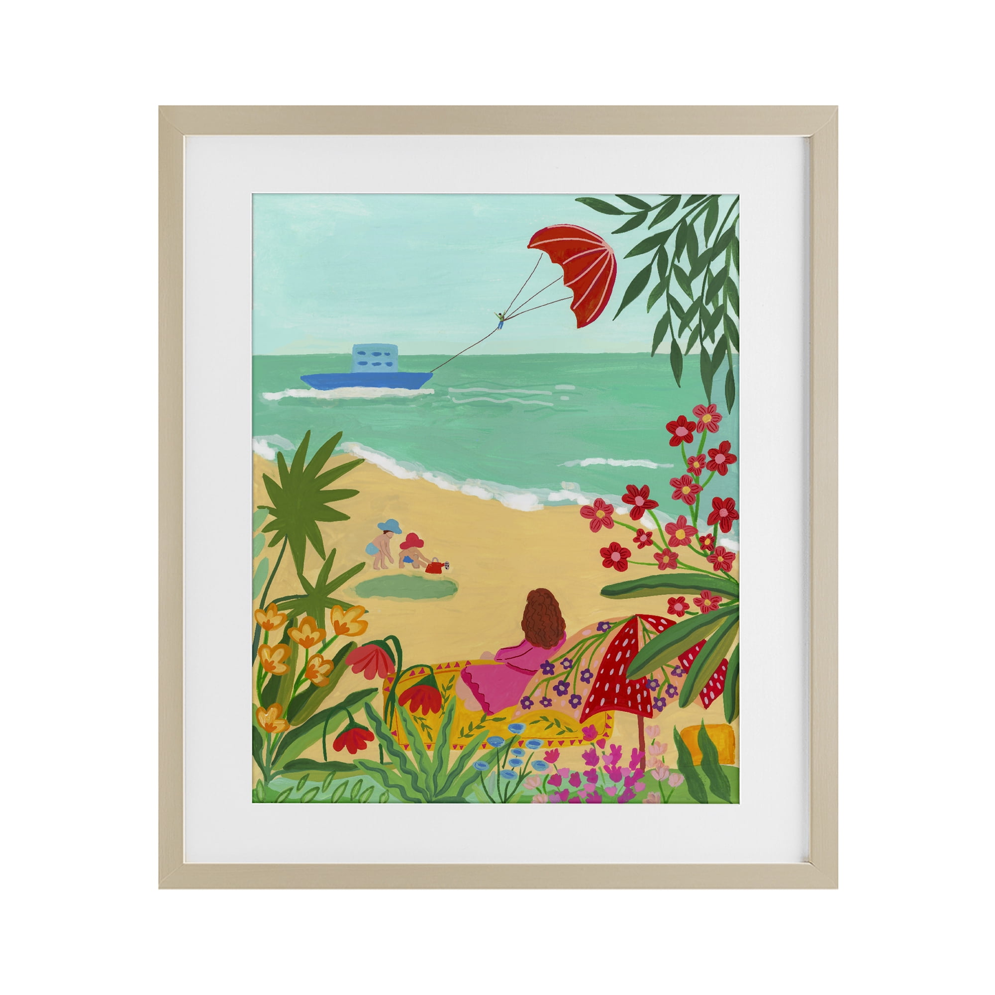 Beach And Flowers View Birch Framed Print Under Glass, design by Nabeela Rumi